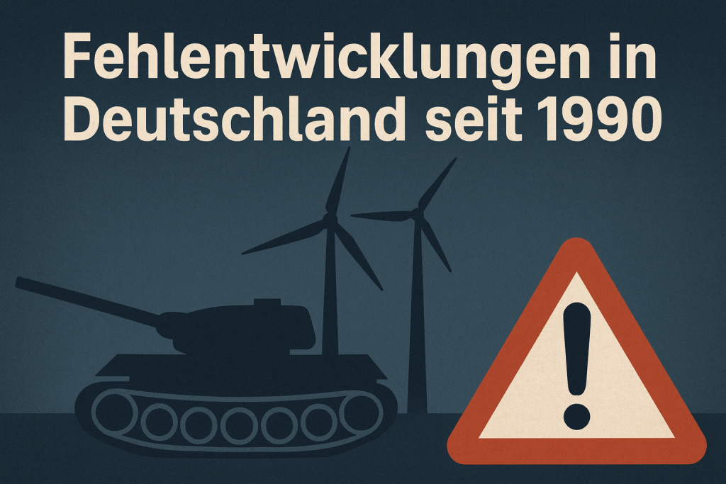 Fehlentwicklungen in Deutschland seit 1990 – Symbolbild mit Panzer, Windrädern und Warnzeichen
